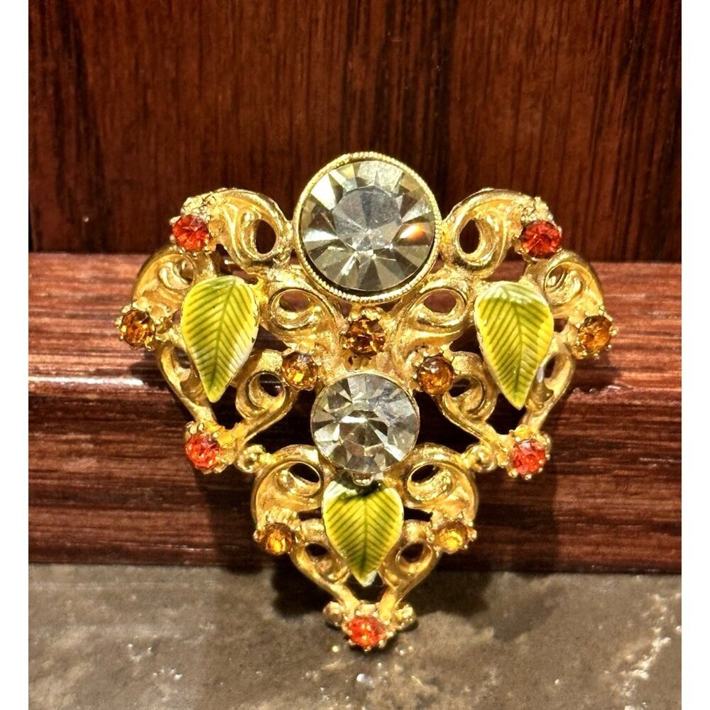 RIVOLI AB ART DECO BROOCH OR PENDANT GOLD GREEN ENAMEL AMBER RHINESTONES MCM EUC - Picture 1 of 7